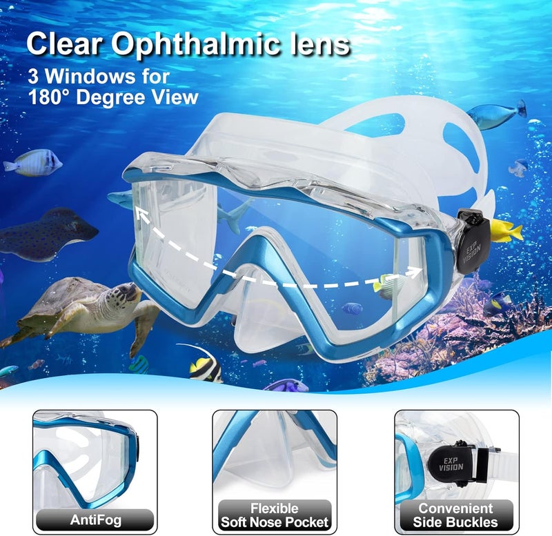 EXP VISION Snorkel Set Pano 3 Window Adult Snorkeling Gear, Professional Snorkel Goggles Anti-Fog Diving Mask, Anti-Leak Swim Goggles and Dry Top Snorkel for Diving, Snorkeling, Swimming - Image 2